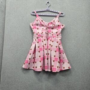 Hot Topic Women Dress L Pink Strawberry Plaid Lace Up Mini Fit & Flare V Neck